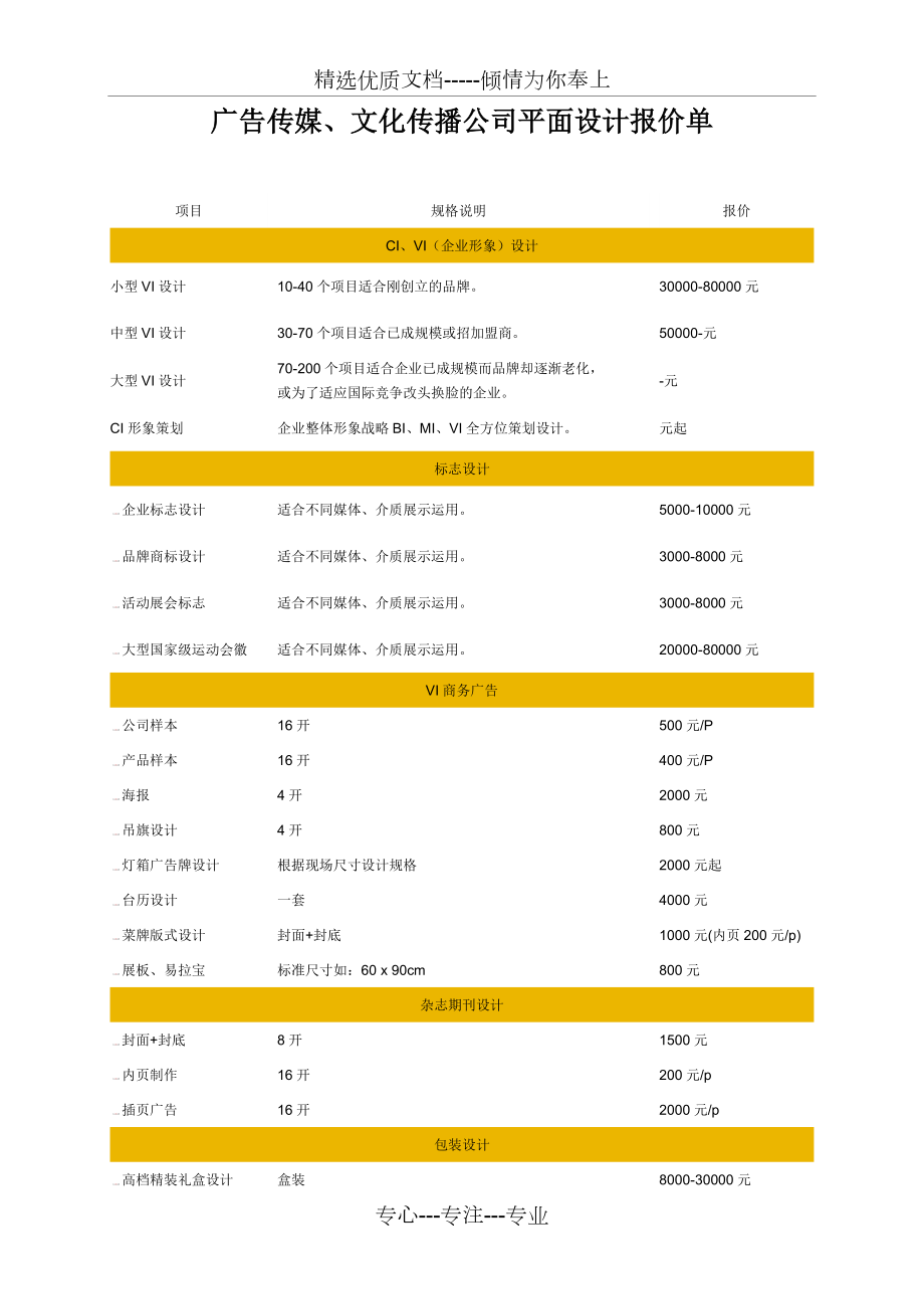 广告传媒、文化传播公司平面设计报价单(共2页)